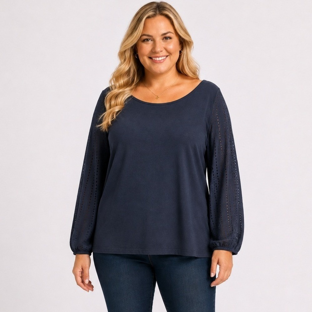 LOFT Eyelet Long Sleeve Scoop Neck Tasseled Cotton Blouse Navy Blue Size Plus 24